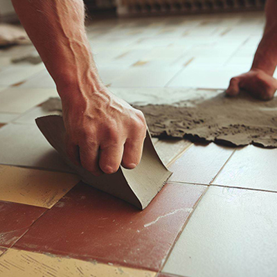 Man applying grout to floor tiles
